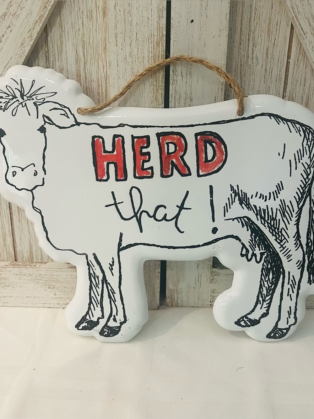 Rustic Cow Wall Hanging Sign “HERD That!” Farmhouse Country Decor Rope Hanger